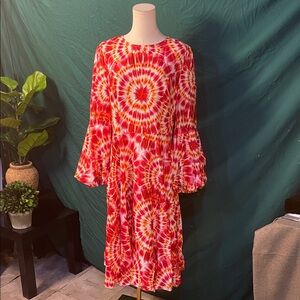 Elegant Red and Orange Tie-Dye Long Sleeve Dress
